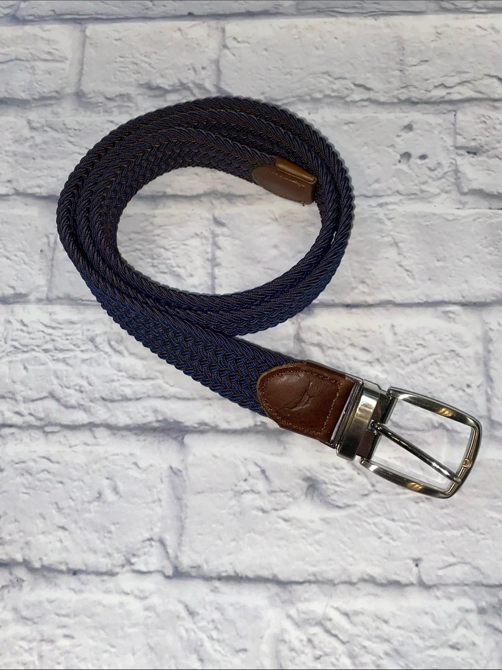 Tommy Bahama Braided Stretch Belt L/XL Leather Trim Blue & Brown